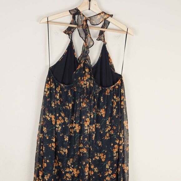 Zara Floral Print Chiffon Racer Blue Flowy Ruffle Summer Maxi Dress Sz M - Picture 4 of 14